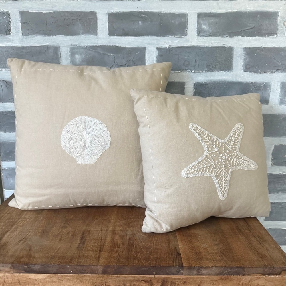 Tan Linen Pillow Set Handmade Beaded Starfish Seashell Beach Nautical Lakehouse